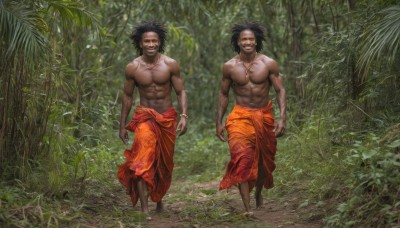 smile,open mouth,black hair,jewelry,standing,full body,male focus,outdoors,multiple boys,barefoot,teeth,2boys,necklace,grin,bracelet,muscular,facial hair,siblings,scar,abs,pectorals,plant,muscular male,spiked hair,nature,forest,walking,topless male,realistic,arms at sides,bamboo,bamboo forest,looking at viewer,1boy,dark skin,dark-skinned male