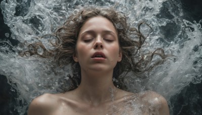 1girl,solo,long hair,open mouth,brown hair,bare shoulders,jewelry,collarbone,closed eyes,upper body,nude,earrings,parted lips,teeth,water,mole,lips,wet,floating hair,portrait,facing viewer,partially submerged,freckles,realistic,waves,mole on cheek