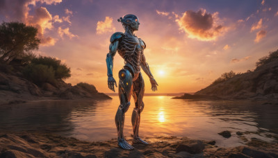 solo, standing, outdoors, sky, cloud, water, tree, no humans, glowing, ocean, robot, science fiction, sunset, sun, humanoid robot