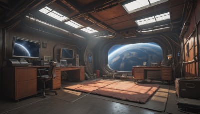 indoors,book,no humans,window,shadow,chair,table,sunlight,box,scenery,desk,science fiction,clock,space,computer,monitor,planet,earth (planet),globe,telescope,star (sky),lamp,cable,spacecraft