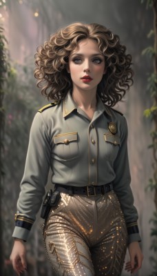 1girl,solo,long hair,breasts,looking at viewer,brown hair,shirt,long sleeves,brown eyes,standing,weapon,cowboy shot,outdoors,parted lips,belt,pants,medium hair,blurry,uniform,lips,gun,grey eyes,military,military uniform,makeup,buttons,blurry background,wavy hair,denim,lipstick,grey shirt,handgun,curly hair,pocket,black belt,arms at sides,red lips,breast pocket,holster,grey pants,badge,police,police uniform,policewoman,holstered weapon,medium breasts,nail polish,sunlight,realistic