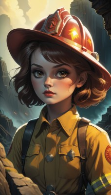 1girl,solo,breasts,looking at viewer,blush,short hair,bangs,brown hair,shirt,hat,brown eyes,closed mouth,upper body,short sleeves,outdoors,sky,collared shirt,cloud,signature,medium hair,uniform,lips,looking to the side,eyelashes,makeup,lipstick,building,backlighting,freckles,curly hair,pocket,yellow shirt,rock,nose,red lips,breast pocket,ruins,badge,harness,jacket,sunlight,helmet,dirty face