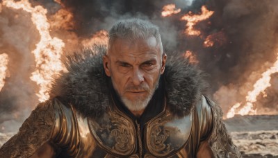 solo,looking at viewer,1boy,brown eyes,closed mouth,upper body,white hair,grey hair,male focus,outdoors,sky,cloud,armor,fur trim,facial hair,scar,cloudy sky,shoulder armor,beard,scar on face,smoke,scar across eye,manly,old,old man,wrinkled skin,smile,short hair,water,ocean,beach,fire,fur collar,pauldrons,realistic,mustache,waves