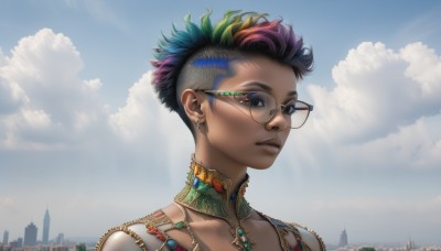 1girl,solo,looking at viewer,short hair,brown eyes,jewelry,purple hair,multicolored hair,earrings,outdoors,parted lips,green hair,sky,glasses,day,cloud,dark skin,dark-skinned female,blue sky,lips,no humans,portrait,scenery,realistic,simple background,white background,blue hair,collarbone,pink hair,necklace,two-tone hair,eyelashes,piercing,gem,ear piercing,round eyewear,yellow-framed eyewear,rainbow hair