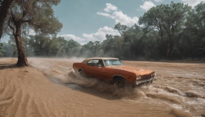 outdoors,sky,day,cloud,tree,blue sky,no humans,cloudy sky,ground vehicle,nature,scenery,motor vehicle,forest,realistic,car,road,vehicle focus,sand,desert,dust,sports car