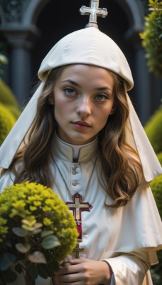 1girl,solo,long hair,looking at viewer,blue eyes,brown hair,long sleeves,holding,jewelry,closed mouth,upper body,flower,necklace,blurry,lips,blurry background,wavy hair,cross,veil,freckles,bouquet,realistic,holding flower,nun,habit,cross necklace,latin cross,church,blonde hair,outdoors,parted lips,plant,robe,nose