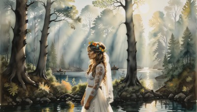 1girl,solo,long hair,breasts,brown hair,hair ornament,dress,jewelry,medium breasts,standing,braid,flower,outdoors,pointy ears,hair flower,dark skin,water,white dress,from side,dark-skinned female,tree,see-through,tattoo,profile,bird,sunlight,nature,veil,scenery,forest,reflection,light rays,watercraft,head wreath,sunbeam,river,boat,lake,pond,blue eyes,lips,sun