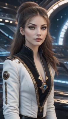 1girl,solo,long hair,breasts,looking at viewer,brown hair,long sleeves,cleavage,brown eyes,jewelry,medium breasts,closed mouth,jacket,upper body,ponytail,earrings,belt,indoors,necklace,lips,makeup,white jacket,forehead,realistic,nose,bangs,blurry,uniform,eyelashes,pendant,eyeshadow,zipper,emblem