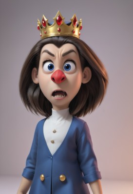 1girl,solo,looking at viewer,short hair,open mouth,blue eyes,simple background,brown hair,shirt,jacket,white shirt,upper body,teeth,medium hair,flat chest,buttons,crown,sharp teeth,blue jacket,child,freckles,wide-eyed,female child,black hair,lips,thick eyebrows,gem,genderswap,genderswap (mtf),realistic,nose