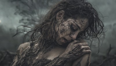 1girl,solo,long hair,black hair,1boy,closed mouth,closed eyes,upper body,male focus,nude,outdoors,blurry,blood,tattoo,depth of field,blurry background,moon,messy hair,portrait,injury,blood on face,hand on own shoulder,looking at viewer,sky,cloud,black eyes,lips,cloudy sky,own hands together,realistic,own hands clasped,dirty