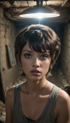 1girl,solo,breasts,looking at viewer,blush,short hair,open mouth,bangs,brown hair,shirt,black hair,cleavage,bare shoulders,brown eyes,jewelry,medium breasts,green eyes,collarbone,upper body,earrings,parted lips,teeth,sleeveless,indoors,necklace,blurry,black eyes,lips,eyelashes,depth of field,blurry background,tank top,messy hair,grey shirt,freckles,realistic,nose,dirty,light bulb,grey tank top,underwear,artist name,bra,watermark,black bra,web address,light,lamp