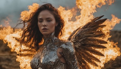 1girl,solo,long hair,breasts,looking at viewer,brown hair,black hair,brown eyes,medium breasts,upper body,outdoors,parted lips,wings,sky,cloud,dark skin,armor,blurry,black eyes,lips,floating hair,blurry background,cloudy sky,feathered wings,freckles,black wings,realistic,fantasy,blue eyes,day,wind,shoulder armor,smoke