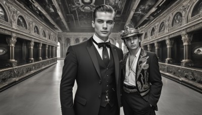 looking at viewer,smile,short hair,shirt,long sleeves,hat,bow,jewelry,closed mouth,standing,jacket,monochrome,greyscale,male focus,earrings,multiple boys,open clothes,collared shirt,pants,indoors,2boys,bowtie,necklace,vest,open jacket,dutch angle,formal,suit,hand in pocket,realistic,hands in pockets,arms at sides,traditional bowtie,statue,tuxedo,arch,chandelier,1boy