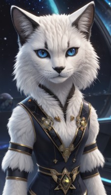 solo,looking at viewer,blue eyes,1boy,jewelry,closed mouth,upper body,male focus,sky,belt,artist name,signature,vest,no humans,animal,cat,slit pupils,star (sky),furry,armlet,starry sky,colored sclera,space,animal focus,white fur,planet,whiskers,clothed animal,blue sclera,shirt,animal ears,white shirt,cat ears,blurry,animal ear fluff,blurry background,white cat,oversized animal