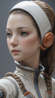 1girl,solo,long hair,blue eyes,simple background,brown hair,closed mouth,braid,parted lips,grey background,uniform,twin braids,lips,looking to the side,grey eyes,eyelashes,headphones,looking away,portrait,hair over shoulder,forehead,freckles,realistic,nose,hair pulled back,blush,upper body,artist name,single braid,expressionless,rope,headset,looking afar