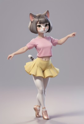 1girl,solo,breasts,looking at viewer,blush,smile,short hair,bangs,skirt,simple background,brown hair,shirt,black hair,navel,animal ears,brown eyes,closed mouth,standing,tail,full body,short sleeves,pantyhose,pleated skirt,small breasts,shoes,midriff,artist name,cat ears,miniskirt,blunt bangs,grey background,cat tail,animal ear fluff,gradient,gradient background,:3,brown footwear,cat,bob cut,crossed legs,outstretched arms,cat girl,furry,white pantyhose,pink shirt,furry female,pink footwear,yellow skirt,animal nose,whiskers,striped tail,ballet slippers,ballet,tutu,crop top,tiptoes,yellow footwear