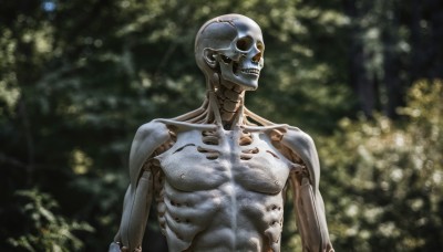 solo,1boy,upper body,male focus,outdoors,teeth,blurry,tree,no humans,blurry background,robot,nature,forest,science fiction,skull,realistic,ribs,skeleton,alien,humanoid robot,depth of field