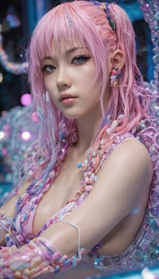 1girl,solo,long hair,breasts,looking at viewer,bangs,blue eyes,hair ornament,cleavage,jewelry,medium breasts,upper body,pink hair,earrings,parted lips,artist name,bra,blurry,black eyes,lips,grey eyes,depth of field,blurry background,realistic,nose,bare shoulders,sleeveless,water,necklace,wet,eyelashes,watermark,ring,gem,web address,tentacles,strap slip,partially submerged,water drop,pink lips