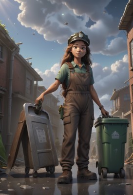 1girl,solo,long hair,looking at viewer,smile,brown hair,shirt,hat,holding,brown eyes,jewelry,standing,full body,short sleeves,boots,outdoors,parted lips,sky,shoes,day,collared shirt,pants,artist name,cloud,bracelet,blue sky,lips,bird,brown footwear,sunlight,cloudy sky,goggles,building,freckles,pocket,watch,realistic,green shirt,wristwatch,overalls,badge,dirty,wrench,uniform,leaf,blue shirt,nose,can,polo shirt