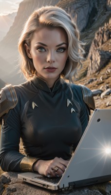 1girl,solo,breasts,looking at viewer,short hair,blue eyes,blonde hair,long sleeves,jewelry,medium breasts,upper body,white hair,outdoors,parted lips,day,artist name,medium hair,nail polish,armor,lips,looking to the side,bodysuit,makeup,scar,sunlight,ring,blue nails,freckles,rock,mountain,realistic,computer,dirty,laptop,dirty face,teeth,lipstick,forehead,eyeshadow,backlighting,nose,tablet pc