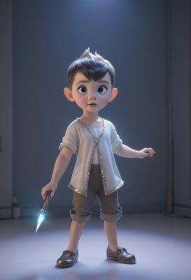 solo,looking at viewer,short hair,open mouth,shirt,black hair,1boy,holding,jewelry,standing,full body,weapon,male focus,shoes,shorts,teeth,pants,necklace,holding weapon,black eyes,knife,child,zipper,male child,brown eyes,glowing