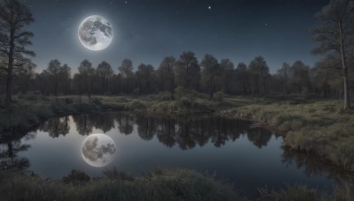 outdoors,sky,cloud,water,tree,no humans,night,moon,grass,star (sky),nature,night sky,scenery,full moon,forest,starry sky,reflection,lake,monochrome,space,planet,reflective water