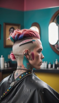 1girl,solo,short hair,shirt,hair ornament,jewelry,closed mouth,blue hair,upper body,pink hair,red hair,multicolored hair,earrings,choker,indoors,necklace,from behind,blurry,from side,two-tone hair,lips,black shirt,tattoo,profile,makeup,depth of field,blurry background,piercing,ear piercing,freckles,mirror,realistic,nose,very short hair,undercut,mohawk,nape,neck tattoo,eyebrow piercing,1boy,brown eyes,male focus,bottle,facial tattoo,nose piercing