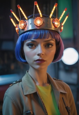 1girl,solo,looking at viewer,short hair,bangs,shirt,brown eyes,closed mouth,blue hair,jacket,upper body,purple hair,open clothes,artist name,blunt bangs,blurry,open jacket,lips,eyelashes,makeup,blurry background,headgear,watermark,bob cut,crown,lipstick,freckles,science fiction,realistic,nose,green shirt,brown hair,glowing,zipper,yellow shirt,brown jacket,leather,leather jacket,button badge