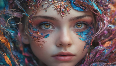 1girl, solo, looking at viewer, brown hair, brown eyes, closed mouth, parted lips, artist name, blurry, lips, eyelashes, makeup, depth of field, bug, butterfly, portrait, close-up, nose, eye focus