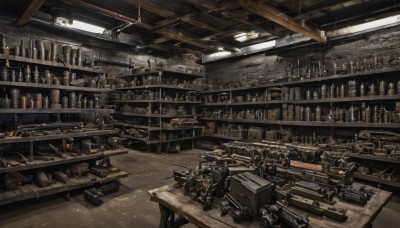 weapon,multiple boys,indoors,cup,gun,military,no humans,chair,table,bottle,scenery,alcohol,shelf,bar (place),science fiction,realistic,spacecraft