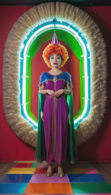 1girl,solo,looking at viewer,dress,jewelry,standing,full body,cape,orange hair,lips,makeup,sandals,crown,lipstick,gem,purple dress,curly hair,red lips,afro,short hair,red hair,boots,brown footwear,instrument,long dress,throne