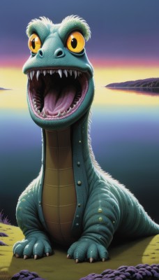 solo,looking at viewer,open mouth,full body,yellow eyes,outdoors,sky,teeth,tongue,water,pokemon (creature),no humans,ocean,fangs,sharp teeth,claws,colored sclera,sunset,monster,rock,mountain,realistic,dinosaur,kaijuu,signature,watermark,deviantart username