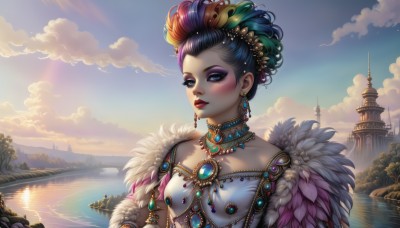 1girl,solo,breasts,looking at viewer,blush,short hair,blue eyes,black hair,hair ornament,dress,bare shoulders,jewelry,blue hair,collarbone,upper body,red hair,multicolored hair,earrings,small breasts,outdoors,parted lips,green hair,sky,choker,day,artist name,cloud,signature,water,necklace,white dress,two-tone hair,tree,blue sky,lips,streaked hair,fur trim,eyelashes,makeup,bird,sunlight,cloudy sky,feathers,lipstick,brooch,building,gem,scenery,pendant,eyeshadow,reflection,beads,sunset,nose,red lips,eyeliner,feather hair ornament,bridge,river,castle,lake,blue gemstone,mascara,updo,purple hair,flower,hair flower,watercraft