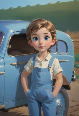 1girl,solo,looking at viewer,blush,smile,short hair,blue eyes,brown hair,shirt,closed mouth,standing,white shirt,short sleeves,cowboy shot,outdoors,day,collared shirt,lips,ground vehicle,child,motor vehicle,freckles,hands in pockets,female child,car,overalls,vehicle focus,blue overalls,parted lips,denim,red lips