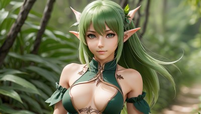 1girl,solo,long hair,breasts,looking at viewer,smile,bangs,hair ornament,cleavage,bare shoulders,medium breasts,closed mouth,green eyes,upper body,outdoors,green hair,pointy ears,blurry,lips,clothing cutout,depth of field,blurry background,cleavage cutout,elf,nature,forest,green dress,dress,day,breasts apart,realistic