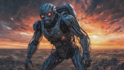 solo,red eyes,1boy,standing,male focus,outdoors,sky,cloud,armor,no humans,glowing,helmet,robot,star (sky),mecha,glowing eyes,smoke,science fiction,sunset,realistic,cable,damaged,power armor,looking at viewer,bag,ocean,backpack,cloudy sky,fire,1other,embers,humanoid robot