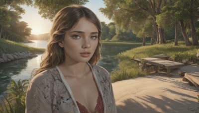 1girl,solo,long hair,breasts,looking at viewer,brown hair,shirt,cleavage,brown eyes,medium breasts,underwear,collarbone,upper body,small breasts,outdoors,parted lips,open clothes,day,signature,water,bra,tree,lips,grey eyes,open shirt,chair,floral print,table,sunlight,grass,nature,scenery,forest,realistic,nose,sun,river,red bra,lake,sky,lace-trimmed bra