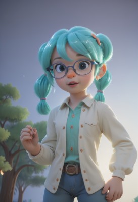 1girl,solo,long hair,looking at viewer,smile,open mouth,bangs,shirt,hair ornament,long sleeves,twintails,blue hair,jacket,braid,cowboy shot,outdoors,parted lips,open clothes,sky,glasses,teeth,collared shirt,belt,pants,artist name,black eyes,tree,lips,dress shirt,aqua hair,buttons,blue shirt,denim,clenched hand,child,jeans,belt buckle,hair tie,round eyewear,green shirt,unbuttoned,blue pants,female child,shirt tucked in,brown belt,aqua shirt,blue eyes,green hair,nail polish,twin braids,cardigan,blue-framed eyewear