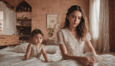 1girl,long hair,looking at viewer,multiple girls,brown hair,black hair,dress,2girls,brown eyes,sitting,indoors,lips,pillow,window,bed,siblings,on bed,curtains,child,realistic,blanket,bedroom,short hair,1boy,white dress,lace trim,lace,lamp,baby,mother and son