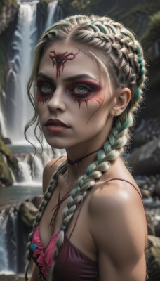 1girl,solo,long hair,breasts,looking at viewer,blue eyes,blonde hair,cleavage,bare shoulders,jewelry,closed mouth,green eyes,upper body,braid,multicolored hair,earrings,small breasts,outdoors,green hair,choker,water,blurry,twin braids,from side,two-tone hair,lips,eyelashes,aqua hair,makeup,blurry background,facial mark,piercing,lipstick,hair over shoulder,eyeshadow,freckles,realistic,nose,red lips,facepaint,waterfall,mascara,swimsuit,parted lips,teeth,artist name,necklace,flat chest