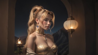 1girl,solo,long hair,breasts,looking at viewer,blue eyes,blonde hair,large breasts,hair ornament,dress,cleavage,bare shoulders,jewelry,medium breasts,collarbone,upper body,ponytail,earrings,parted lips,choker,necklace,off shoulder,lips,strapless,detached collar,night,cross,high ponytail,lantern,realistic,lamp,outdoors,sky,strapless dress,mountain,nose,light,yellow dress