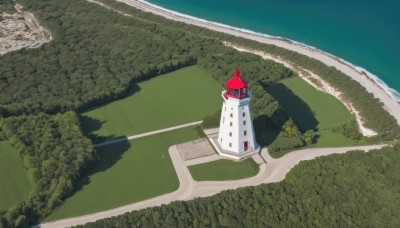 outdoors,day,water,tree,no humans,ocean,from above,grass,building,nature,scenery,road,watercraft,house,bridge,river,boat,landscape,shore,path,sky,blue sky,beach,forest,sand,horizon,bush,castle,tower