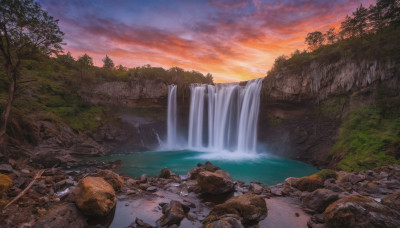 outdoors, sky, cloud, water, tree, no humans, nature, scenery, forest, sunset, rock, river, waterfall, landscape, cliff