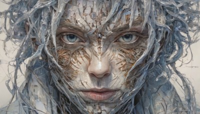 1girl,solo,looking at viewer,blue eyes,simple background,white background,closed mouth,blue hair,lips,eyelashes,portrait,close-up,science fiction,realistic,straight-on,crack,mechanical parts,short hair,bangs,hair between eyes,white hair