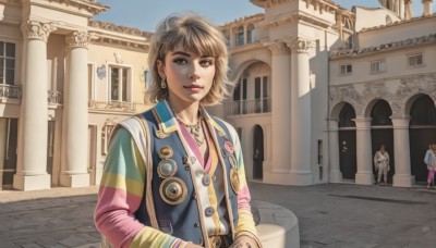 1girl,looking at viewer,smile,short hair,bangs,multiple girls,brown hair,shirt,long sleeves,brown eyes,jewelry,closed mouth,jacket,upper body,earrings,outdoors,multiple boys,open clothes,sky,solo focus,day,belt,pants,necklace,vest,blue sky,lips,makeup,buttons,lipstick,building,multicolored clothes,pendant,city,nose,badge,multicolored jacket,letterman jacket,button badge,solo,blonde hair,realistic