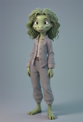 1girl,solo,long hair,looking at viewer,smile,simple background,shirt,standing,full body,green hair,barefoot,pants,grey background,black eyes,buttons,shadow,colored skin,child,furry,pajamas,arms at sides,female child,green skin,long sleeves,navel,jacket,open clothes,belt,wavy hair,grey pants