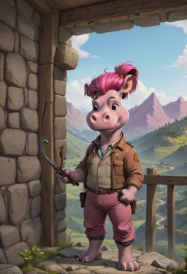 solo,looking at viewer,smile,short hair,shirt,hair ornament,1boy,holding,animal ears,brown eyes,closed mouth,standing,jacket,full body,ponytail,pink hair,male focus,outdoors,sky,barefoot,day,collared shirt,belt,pants,artist name,cloud,black eyes,vest,open jacket,tree,blue sky,grass,child,furry,sleeves rolled up,pocket,brown jacket,mountain,fence,furry female,breast pocket,furry male,male child,brown pants,brown vest,mountainous horizon,wooden fence,pig ears,gloves,green eyes,tail,necktie,teeth,leaf,watermark,freckles,rock,pink skin,wrench