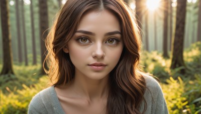 1girl,solo,long hair,looking at viewer,brown hair,shirt,brown eyes,closed mouth,collarbone,upper body,outdoors,day,blurry,tree,lips,eyelashes,depth of field,blurry background,wavy hair,sunlight,portrait,nature,grey shirt,forehead,forest,freckles,realistic,nose,parted lips,thick eyebrows,bush,bokeh