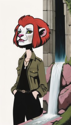 1girl,solo,short hair,shirt,animal ears,jewelry,green eyes,standing,jacket,red hair,open clothes,belt,pants,water,necklace,open jacket,black shirt,makeup,black pants,furry,freckles,hands in pockets,furry female,waterfall,snout,breasts,looking at viewer,long sleeves,collarbone,tail,cowboy shot,small breasts,outdoors,teeth,uniform,lips,military,eyelashes,military uniform,genderswap,genderswap (mtf),pocket,green jacket,body fur,white fur,animal nose