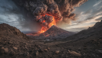 outdoors, sky, cloud, no humans, fire, scenery, mountain, molten rock